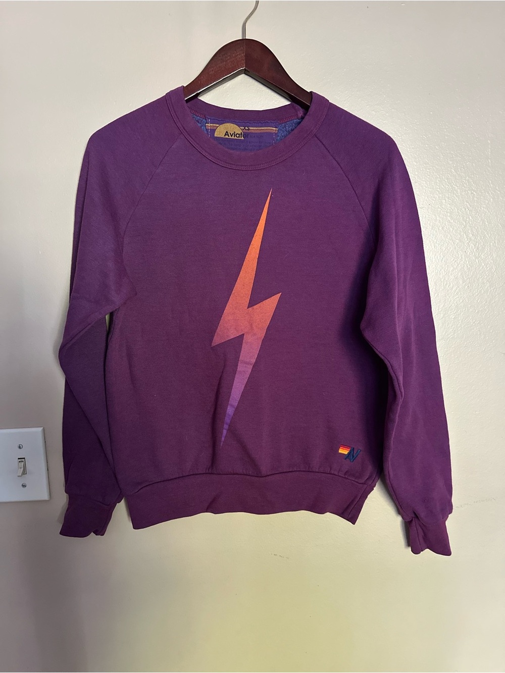 Aviator Nation Purple Crewneck with Orange-Pink Lightning Bolt